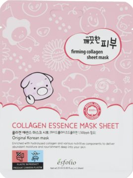 Różowa maseczka Esfolio Collagen Essence Mask Sheet, ujędrniająca, z grafiką świnki, widok z przodu.