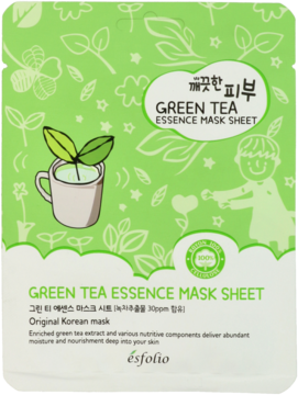 Esfolio GREEN TEA ESSENCE MASK SHEET, zielona saszetka z ilustracją filiżanki i liści, widok z przodu.