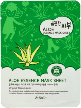 Zielona maska w płachcie Esfolio Aloe Essence z grafiką aloesu i postacią, widok z przodu opakowania.