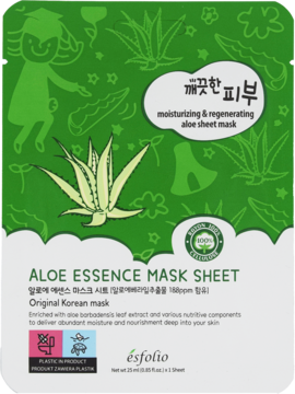 Zielono-biała maska w płachcie Esfolio Aloe Essence, z aloesem, nawilżająco-regenerująca, widok z przodu.