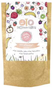 Brązowa torebka OTO TeLlowy ogród malina, 100% liofilizowanych owoców, z ilustracją owoców, bez cukru.