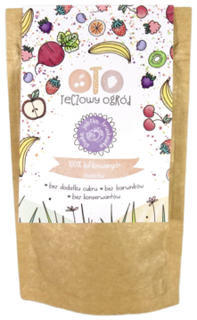 Front brązowej torebki Tęczowy Ogród, naturalny proszek liofilizowanych owoców z barwnymi grafikami owoców.