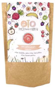 Proszek truskawkowy Oto Tęczowy Ogród, liofilizowany, w brązowej torebce z ilustracjami owoców, widok z przodu.