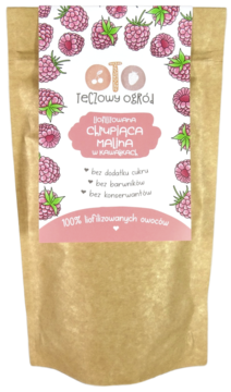 Tęczowy Ogród Chrupiąca Malina, liofilizowana w kawałkach, w brązowej torebce papierowej z różową etykietą, widok z przodu.