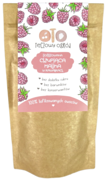 Tęczowy Ogród Chrupiąca Malina, liofilizowana w kawałkach, w brązowej torebce papierowej z różową etykietą, widok z przodu.