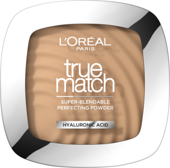 L'Oréal True Match Super-Blendable Perfecting Powder z kwasem hialuronowym, beżowy, w białym kwadratowym kompakcie, widok z góry.