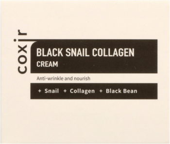 Krem Coxir Black Snail Collagen w beżowo-czarnym opakowaniu, widok z przodu. Zawiera śluz ślimaka, kolagen, czarną fasolę.