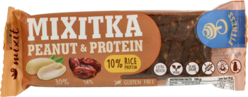 Baton MIXITKA Peanut & Protein w brązowej folii, z orzeszkami, daktylami i 10% białka ryżowego, bez glutenu.