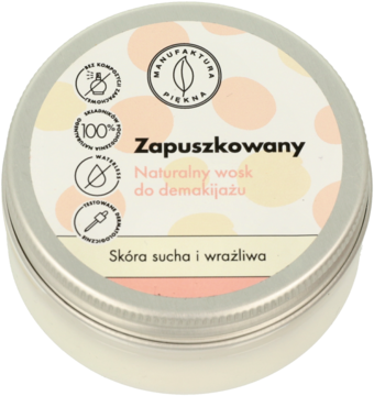 Zapuszkowany naturalny wosk do demakijażu w srebrnej puszce z beżowo-różowym wieczkiem w kropki, widok z góry.