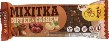 Batonik Mixitka Coffee & Cashew w brązowym opakowaniu, widok z przodu. Z kawą, daktylami i nerkowcami, bezglutenowy.