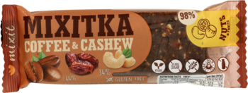 Batonik Mixitka Coffee & Cashew w brązowym opakowaniu, widok z przodu. Z kawą, daktylami i nerkowcami, bezglutenowy.
