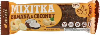 Baton daktylowy Mixitka Banana & Coconut w brązowo-żółtym opakowaniu, widok z przodu, z grafiką bananów i kokosa.
