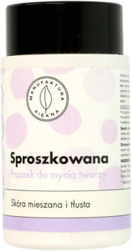 Biały słoik proszku do mycia twarzy Manufaktura Piękna dla cery tłustej, z fioletowymi kropkami, widok z przodu.