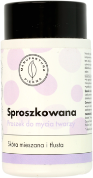 Biały słoik proszku do mycia twarzy Manufaktura Piękna dla cery tłustej, z fioletowymi kropkami, widok z przodu.