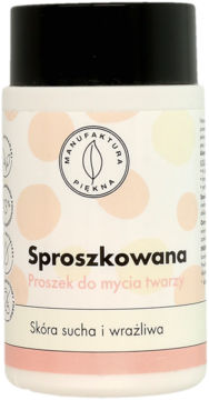 Biały proszek do mycia twarzy Manufaktura Piękna dla skóry suchej, w słoiku z pomarańczowymi kropkami, widok z przodu.