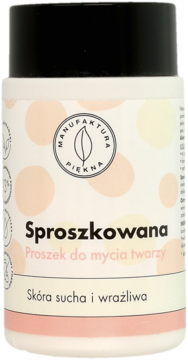 Biały proszek do mycia twarzy Manufaktura Piękna dla skóry suchej, w słoiku z pomarańczowymi kropkami, widok z przodu.