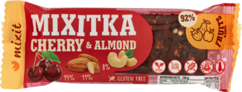 Czerwony batonik daktylowy Mixitka Cherry & Almond, przód opakowania, ilustracje wiśni i migdałów.