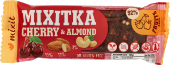 Czerwony batonik daktylowy Mixitka Cherry & Almond, przód opakowania, ilustracje wiśni i migdałów.