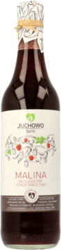 Butelka organicznego syropu malinowego Juchowo farm, front, ciemnoczerwony płyn, biała etykieta z owocami.
