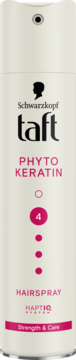 Biały lakier do włosów Schwarzkopf Taft Phyto-Keratin Strength & Care, poziom utrwalenia 4, widok z przodu.