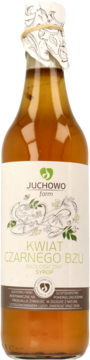 Butelka ekologicznego syropu z kwiatu czarnego bzu JUCHIOWO, biała etykieta z zielonym logo i ilustracją bzu.