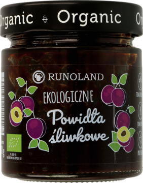 Ekologiczne powidła śliwkowe RUNOLAND w okrągłym szklanym słoiku z czarną nakrętką, widok z przodu.