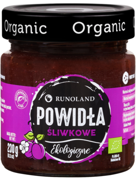 Słoik powideł śliwkowych Runoland Ekologiczne 230g, z przodu. Fioletowo-różowa etykieta, czarna zakrętka 'Organic'.