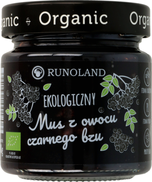 Czarny słoik ekologicznego musu z czarnego bzu Runoland, z etykietą i grafiką owoców, przód.