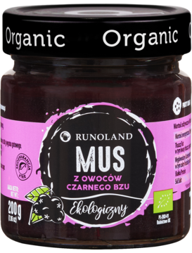 Runoland Mus z czarnego bzu 200g, ekologiczny, w szklanym słoiku z czarną nakrętką. Różowa etykieta, przód.