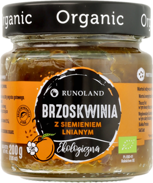 Słoik ekologicznej brzoskwini z siemieniem lnianym Runoland, 200g, z pomarańczowo-czarną etykietą, widok z przodu.
