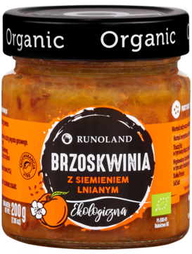 Ekologiczna brzoskwinia z siemieniem lnianym Runoland, pomarańczowy szklany słoik z czarną nakrętką, z przodu.