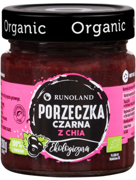 Słoik dżemu Runoland Porzeczka Czarna z Chia, ekologiczny, z czarną nakrętką i różowo-czarną etykietą, widok z przodu.