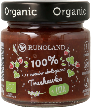 Szklany słoik dżemu organicznego Runoland Truskawka + CHIA, czerwono-brązowy z widocznymi nasionami, widok z przodu.