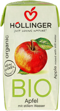 Höllinger organiczny napój jabłkowy BIO z wodą, bez cukru, w kartonie z grafiką czerwonego jabłka, widok przód.