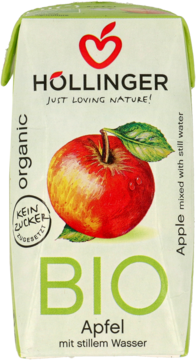 Höllinger organiczny napój jabłkowy BIO z wodą, bez cukru, w kartonie z grafiką czerwonego jabłka, widok przód.