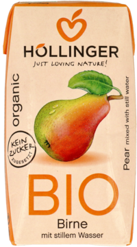 Beżowy karton Hollinger BIO organicznego napoju gruszkowego bez cukru, z dużym rysunkiem gruszki, przód.
