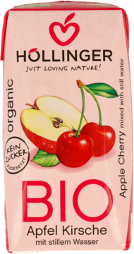 Różowy kartonik soku Höllinger Bio Jabłko Wiśnia z wodą, grafiką owoców i napisem "organic", widok z przodu.