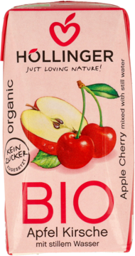 Różowy kartonik soku Höllinger Bio Jabłko Wiśnia z wodą, grafiką owoców i napisem "organic", widok z przodu.