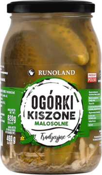 Wysoki słoik ekologicznych ogórków kiszonych Runoland, z zielono-białą etykietą, widok z przodu.