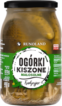 Wysoki słoik ekologicznych ogórków kiszonych Runoland, z zielono-białą etykietą, widok z przodu.