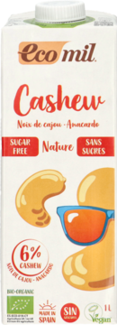 Ecomil Cashew bez cukru, BIO napój roślinny 1L, biały karton z czerwoną etykietą, widok z przodu.