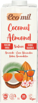 Biały karton napoju Eco Mil Coconut Almond Sugar Free, z wesołą grafiką kokosa i migdała w okularach. 1L, wegański.