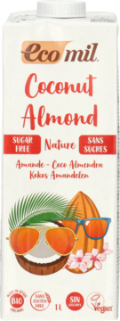 Biały karton napoju Eco Mil Coconut Almond Sugar Free, z wesołą grafiką kokosa i migdała w okularach. 1L, wegański.