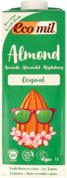 EcoMil Almond Original drink carton, green with an almond wearing pink sunglasses and flowers, front view.