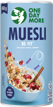 Musli sylwetkowe One Day More Be Fit z wiśniami, cynamonem i skakanką, na niebieskiej puszce, 450g.