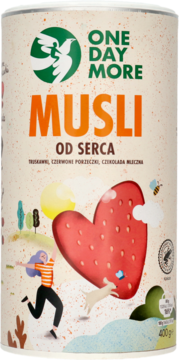Opakowanie One Day More Musli Od Serca, z truskawką w kształcie serca, widok z przodu. 400g.