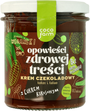 Ciemnobrązowy wegański krem czekoladowy COCO farm z kokosem i kakao, słodzony cukrem kokosowym, w słoiku.