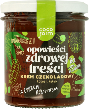 Ciemnobrązowy wegański krem czekoladowy COCO farm z kokosem i kakao, słodzony cukrem kokosowym, w słoiku.