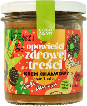 Słoik Coco Farm Krem Chałwowy sezam i kokos, z barwną etykietą w tropikalne wzory, widok z przodu.