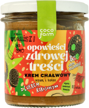 Słoik Coco Farm Krem Chałwowy sezam i kokos, z barwną etykietą w tropikalne wzory, widok z przodu.